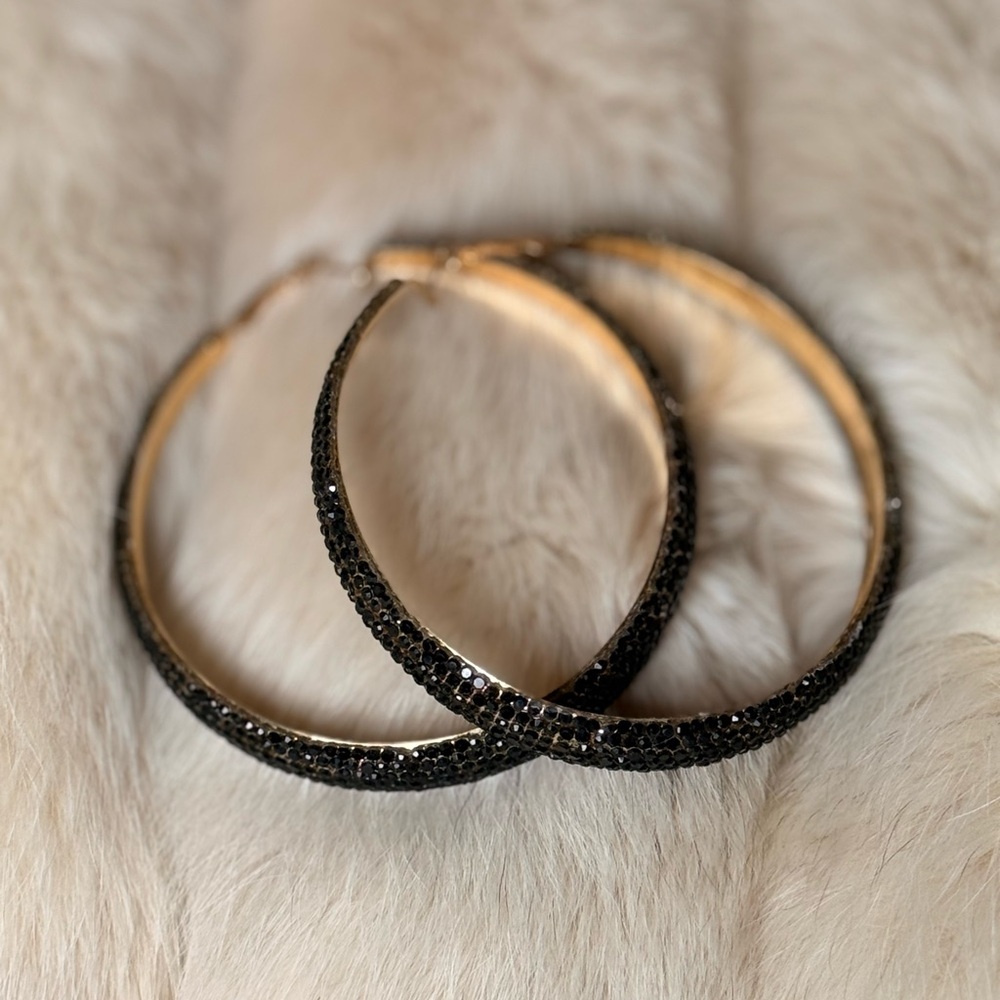 Large Elegant Black and Gold Hoop Earrings